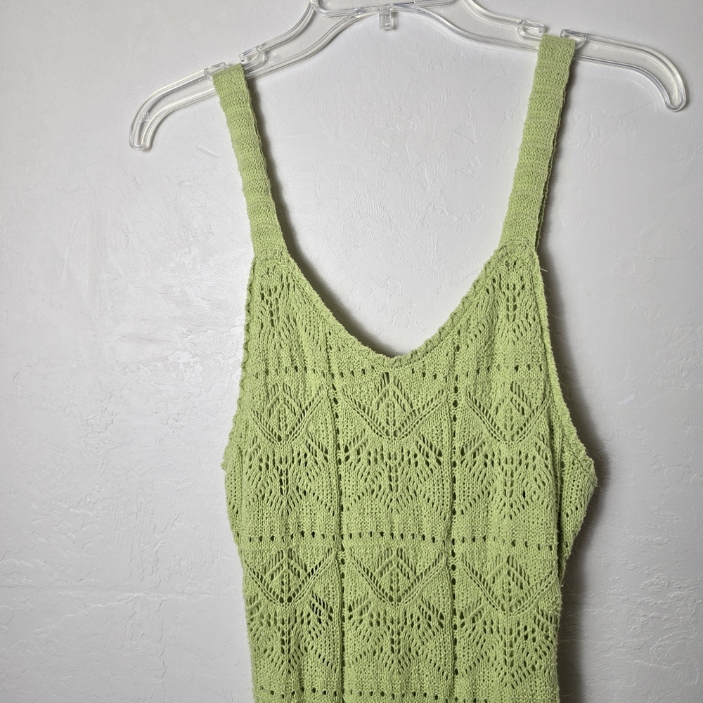Freshman 1996 Lime Green Crochet Knit Boho V Neck Maxi Tank Dress Semi Sheer M - Picture 5 of 15
